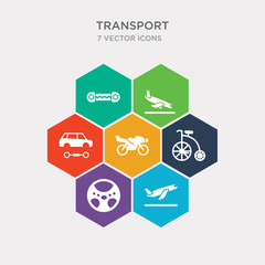 simple set of plane taking off, vehicle steering wheel, old bicycle, bike with motor, ios 7 interface icons, contains such as icons car wit chassis, arraving airplane, fuse and more. 64x64 pixel