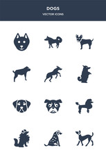 12 dogs vector icons such as plott hound dog, pointer dog, pomeranian dog, poodle pug contains puggle pumi rhodesian ridgeback rottweiler russian toy samoyed icons