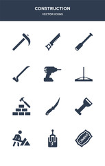 Fototapeta premium 12 construction vector icons such as cement, circuit breaker, road construction, bolster, boning rod contains brick hammer, bump cutter, cordless drill, crowbar, digging bar, hand saw icons