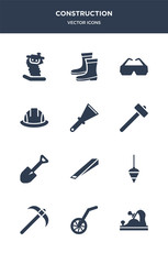 Obraz premium 12 construction vector icons such as jack plane, measuring wheel, pick axe, plumb bob, wedge tool contains spade tool, sledge hammer, scratcher tool, safety helmet, safety glasses, rubber boots