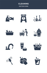 12 cleaning vector icons such as liquid, wiping, feather duster, hot water, cream contains tap, dish soap, dusting, cleaning tools, dust, wet floor icons