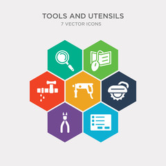 simple set of program settings, wire cutter, power saw, hammer drill icons, contains such as icons pipe losing water, book with mouse, searching tool and more. 64x64 pixel perfect. infographics