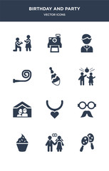 12 birthday and party vector icons such as maracas, marriage, muffin, mustache, necklace contains newlyweds, party, party hat, horn, pastor, polaroid icons