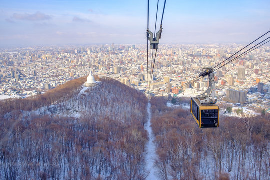 Moiwa Ropeway Transport From The Base Of The Mountain To The Top In Winter Season