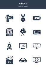 12 cinema vector icons such as 3 dimension screen, 3d glasses, 3d movie, 3d television, 4k contains actress, animation, author, box office, buy tickets online, vip person icons
