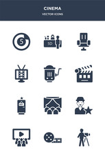12 cinema vector icons such as cameraman, cinema, cinema audience, celebrity, curtain contains exit, flapper, hurdy gurdy, screen, seats, snack bar icons