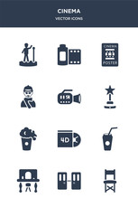 12 cinema vector icons such as director chair, doorway, dressing room, drink, dvd contains film, film award, film camera, director, poster, roll icons