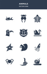 12 animals vector icons such as snail, snake, spider, squid, squirrel contains starfish, swan, tiger, toucan, turtle, walrus icons