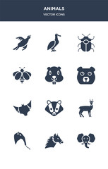 12 animals vector icons such as elephant, alpaca, anteater, antelope, badger contains bat, bear, beaver, bee, beetle, albatross icons