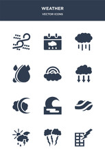 12 weather vector icons such as light bolt, lightning, meteorology, mist, moonrise contains new moon, precipitation, rainbow, raindrops, rainfall, rainy day icons