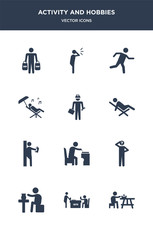 12 activity and hobbies vector icons such as picnic, playing lotto, pottery, questioning, quilt contains reading, relaxing, repairing, resting, running, screaming icons