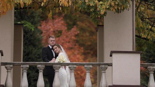 Beautiful wedding couple stand on te autumn balcony, background of forest