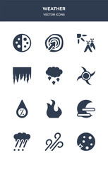 12 weather vector icons such as full moon, gust, hailstorm, haze, hot contains humidity, hurricane, ice pellets, icicle, indian summer, isobars icons - obrazy, fototapety, plakaty