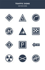 12 traffic signs vector icons such as no turn, no waiting, nuclear, one way, parking contains pedestrian, police station, pothole, prohibited way, right bend, right reverse bend icons