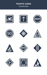 12 traffic signs vector icons such as road work, roundabout, side road,  , skateboard contains slippery, slope, snow, speed limit, stop, straight icons