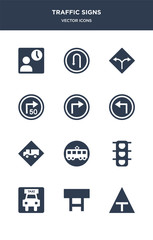 12 traffic signs vector icons such as t junction, tall, taxi, traffic lights, tram contains truck, turn left, turn right, turn with advisory  speed, two ways, u icons