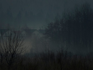 village in the morning mist
