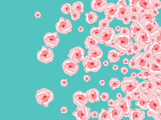 Floral Summer Poster With Pink Roses On A Blue Background. Romantic Background With Roses For Wedding And Greeting For Valentine's Day.