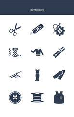 12 sew vector icons such as v, bobbin, button, chalk, clothes contains clothes hanger, clothespin, clothing, coil, crochet, cutter icons