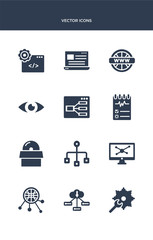 12 seo vector icons such as seo tools, server, sharing, simulation, sitemap contains software, testing, ux de, visibility, web, web de icons