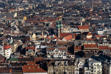 Hungary, Budapest: Skyline from above and mass of houses, buildings, apartments, rooftops in the city center of the Hungarian capital - concept urban development town planning structure.