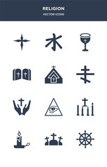 12 religion vector icons such as buddhism, calvary, candle, candles, cao dai contains christian, christianity, church, commandments, communion, confucianism icons