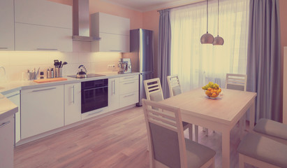 Interior. Kitchen modern, white, gray, beige color