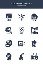 12 electronic devices vector icons such as hot plate, humidifier, garbage disposal, food processor, furnace contains electric pencil sharpener, espresso maker, electric fan, electric blanket,