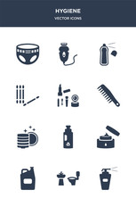 12 hygiene vector icons such as antiseptic, bathroom, bleach, body cream, chlorine contains clean dishes, comb, cosmetics, cotton swab, deodorant, depilator icons