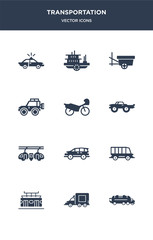 12 transportation vector icons such as litter car, lorry, metro, minibus, minivan contains monorail, monster truck, motorbike, off road, oxcart, paddlewheeler icons