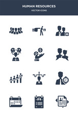 12 human resources vector icons such as curriculum, curriculum vitae, date, deadline, decision making contains develop, dialogue, earnings, emotions, employee, fi icons