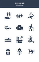 12 insurance vector icons such as crash, death, delivery insurance, disabled, disaster contains drown, elderly, engine problems, excessive weight for the vehicle, falling, familiar insurance icons