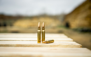 308 caliber ammunition for a rifle standing on a wooden table on the background of the shooting range - obrazy, fototapety, plakaty