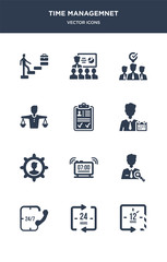 12 time managemnet vector icons such as 12 hours, 24 hours, 24/7, administrator, alarm contains appearance, appointment, approved, balance in human resources, candidate, onboarding icons