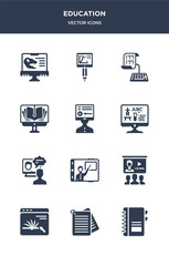 12 education vector icons such as notebook, notes, online, online class, online coaching contains course, education, learning, library, test, training icons