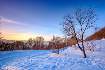 Sunset view on the top of Moiwa mountain in winter snow
