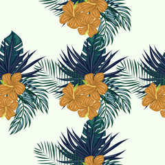Tropical pattern with hibiscus flowers and leaves. Exotic seamless pattern with tropical leaves. Ethnic Background with Hawaiian flowers and plants.