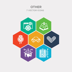 simple set of prority, smarthome, metal paper clip, vintage eyeglasses icons, contains such as icons clock pointing four o'clock, two post it, settings and more. 64x64 pixel perfect. infographics