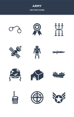 12 army vector icons such as militar in, militar radar, militar radio, ship, tent contains military helmet, military knife, military robot machine, satellites, strategy, militaty medal icons