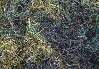 background of colored threads chaotically intertwined. green yellow and brown threads matted in a colorful background