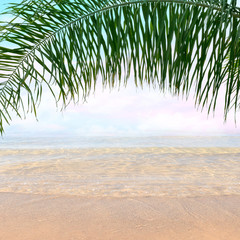 Fototapeta premium Blue sparkle sea. Beautiful tropical seaside view through the palm leaves 
