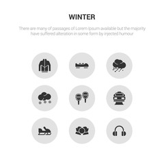 9 round vector icons such as earmuffs, snow ball, snowmobile, snowplow, snowshoes contains snowy, hail, bobsled, winter clothes. earmuffs, snow ball, icon3_, gray winter icons