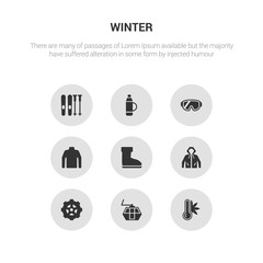 9 round vector icons such as heat, ski lift, winter tire, anorak vest, snow boot contains turtleneck sweater, snow goggle, themos flask, ski equiptment. heat, ski lift, icon3_, gray winter icons