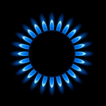 Realistic Illustration Of A Circular Gas Burner With Blue Flame. Black Background - Vector