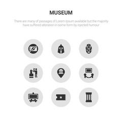 9 round vector icons such as antique column, museum ticket, museum canvas, exhibition, museum map contains sculpture, african mask, roman or greek helmet, no photo. antique column, ticket, icon3_,