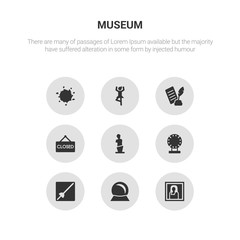 9 round vector icons such as gioconda, souvenir, museum fencing, porcelain, venus de milo contains closed, poetry, ballet, ink. gioconda, souvenir, icon3_, gray museum icons