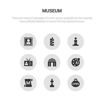 9 round vector icons such as open, statue, paper scroll, palette, antic architecture contains visitor, bust, botanical, portrait. open, statue, icon3_, gray museum icons