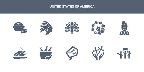 10 united states of america vector icons such as crowd march, blessings, thank you, turkey leg, roasted turkey contains pilgrim, thanksgiving ornament, thanksgiving peacock, american native, pumpkin