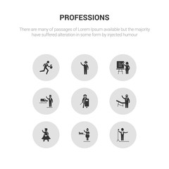 9 round vector icons such as singer, stewardess, superhero, surgeon, swat contains taxi driver, teacher, telemarketer, thief. singer, stewardess, icon3_, gray professions icons