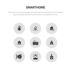 9 round vector icons such as eco home, face scan, fire alarm, gdpr, heat leak contains heating, home automation, household, illumination. eco home, face scan, icon3_, gray smarthome icons